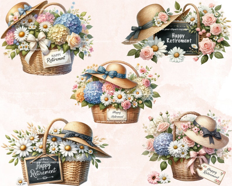 May include: Four wicker baskets filled with colorful flowers and topped with straw hats. Each basket has a sign that says "Happy Retirement".