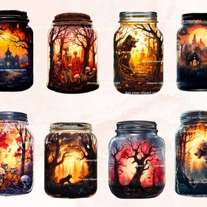 May include: Eight glass jars with lids, each containing a different autumnal scene. The scenes include a spooky house, skeletons, a wolf, a forest, and skulls. The jars are perfect for Halloween decorations.