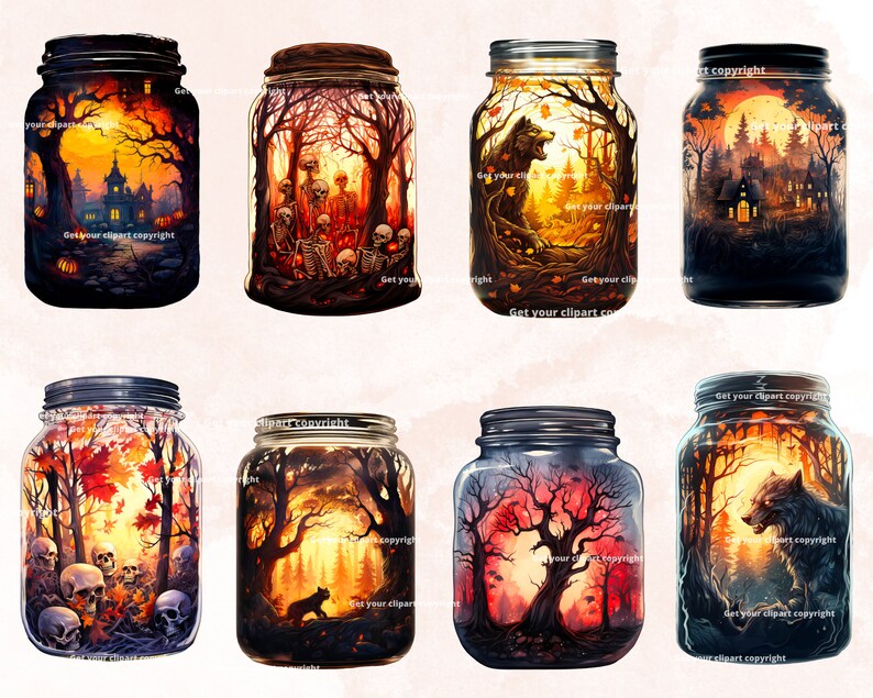 May include: Eight glass jars with lids, each containing a different autumnal scene. The scenes include a spooky house, skeletons, a wolf, a forest, and skulls. The jars are perfect for Halloween decorations.