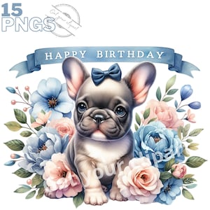 Conjunto de ilustrações de aniversário de buldogue francês, cliparts de cachorro em aquarela para todos os seus projetos criativos