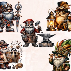 Puede incluir: Cinco gnomos steampunk caprichosos con detalles intrincados. Un gnomo sostiene una espada, otro un martillo, otro una linterna, otro toca un acorde&oacute;n y el &uacute;ltimo sostiene un telescopio.