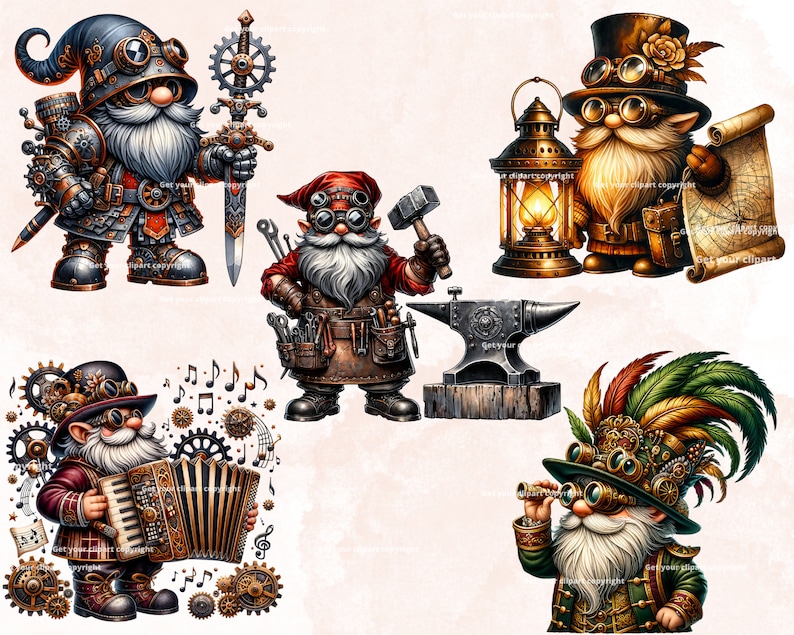 Puede incluir: Cinco gnomos steampunk caprichosos con detalles intrincados. Un gnomo sostiene una espada, otro un martillo, otro una linterna, otro toca un acorde&oacute;n y el &uacute;ltimo sostiene un telescopio.