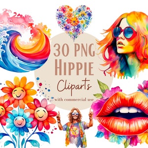 Ensemble d'illustrations Hippies, Cliparts hippies façon aquarelle pour tous vos projets créatifs et professionnels