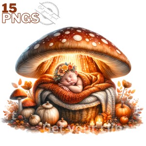 Ensemble d'illustrations de doux bébés dans un champignon pour baby shower, Cliparts façon aquarelle pour tous vos projets créatifs