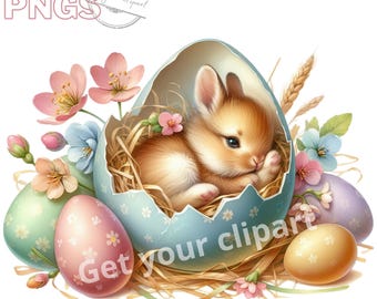 Easter bunny in an eggshell clipart bundle, Easter clipart, Easter graphics, Easter designs, With transparent background and commercial use