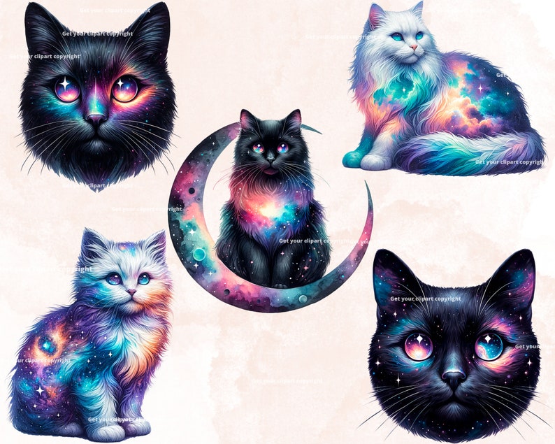 May include: Five digital illustrations of cats with a galaxy theme. The cats are black and white with a swirling galaxy pattern inside them. One cat is sitting on a crescent moon.