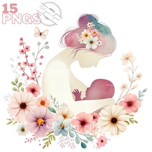Ensemble de jolies illustrations d'allaitement, Cliparts façon aquarelle pour la fête des mères ou tous autres projets créatifs