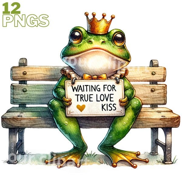 Prince charming frog Clipart Bundle, Frog PNG Graphics, Fairytale designs, Transparent Background, Commercial Use Included, Set of 12