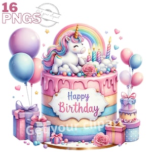 Ensemble d'illustrations de Gâteaux d'anniversaire avec des licornes, Cliparts de cakes façon aquarelle pour tous vos projets créatifs