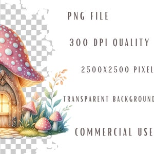 May include: A whimsical mushroom house with a pink and white polka dot cap, a wooden door with a glowing window, and a stone path leading to the entrance. The house is surrounded by green foliage and smaller mushrooms.
