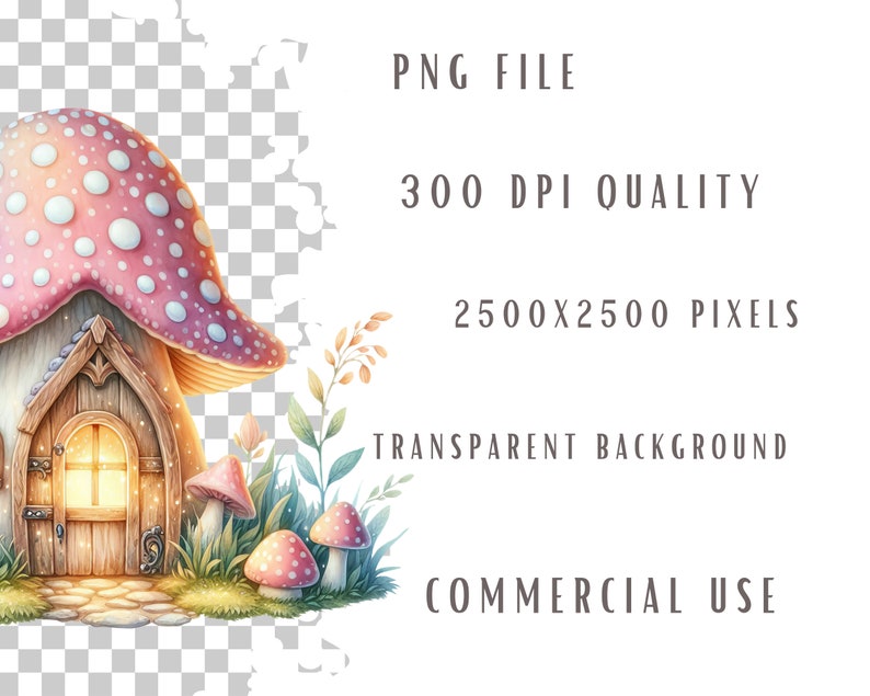 May include: A whimsical mushroom house with a pink and white polka dot cap, a wooden door with a glowing window, and a stone path leading to the entrance. The house is surrounded by green foliage and smaller mushrooms.