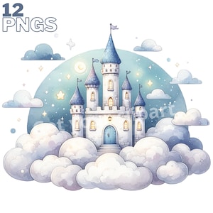 Ensemble d'illustrations de château de conte de fées , Cliparts façon aquarelle pour tous vos projets créatifs et professionnels