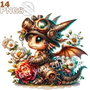 Ensemble d'illustrations de dragons steampunk, Cliparts façon aquarelle pour tous vos projets créatifs et professionnels