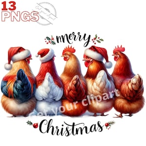Christmas Chicken png files, watercolor chicken clipart, watercolor rooster clipart, hen clipart, Christmas png bundle