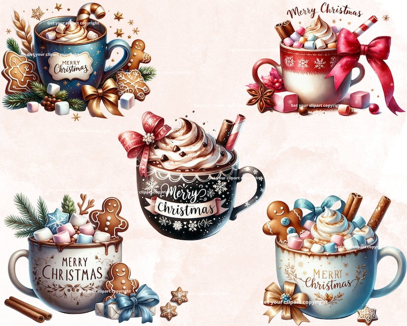 May include: Four mugs filled with hot chocolate and topped with whipped cream, marshmallows, and candy canes. Each mug has a festive Christmas design and the words "Merry Christmas" written on it.
