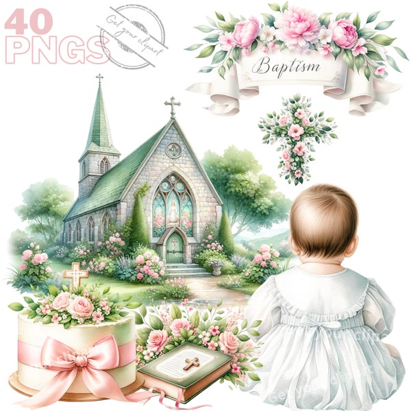 Baby girl baptism Cliparts bundle, Baptism png files, Pink baptism png, baptism party png, Transparent background, Commercial use