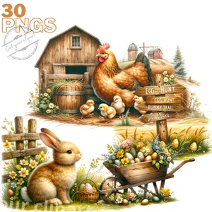 Ensemble d'illustrations de Pâques à la campagne pour tous vos projets créatifs et professionnels, usage commercial inclus
