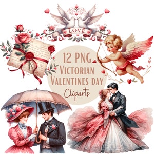 Ensemble d'illustrations de Saint-Valentin Victorien, Cliparts de l'ère victorienne façon aquarelle pour tous vos projets créatifs
