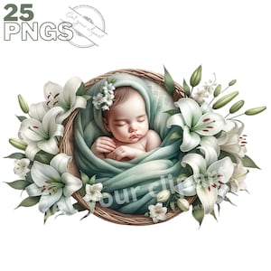 Set illustraties van baby in een mand met bloemen, clipart in aquarelstijl voor al uw creatieve en professionele projecten