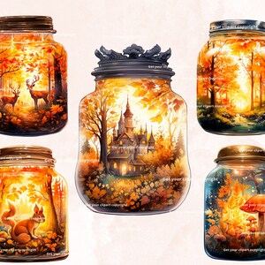 May include: Five glass jars with lids, each depicting an autumnal scene. The jars feature images of deer in a forest, a castle, a forest path, a squirrel, and mushrooms. The illustrations use warm orange and brown tones, evoking the season.