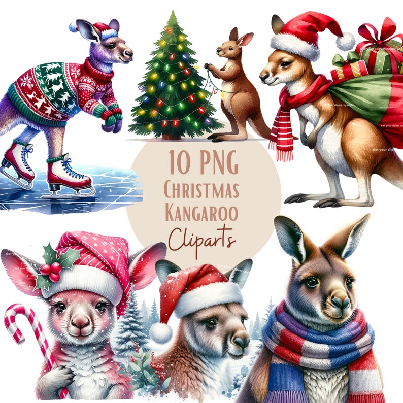 Christmas kangaroo clipart bundle, Australia graphics, Kangaroo clip art designs, Transparent background, Commercial use, Set of 10 image 1