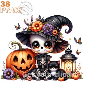 Ensemble d'illustrations de squelettes mignons d'Halloween, clipart d'Halloween pour tous vos projets créatifs, usage commercial inclus