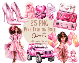 Afro pink fashion doll graphics, Doll clipart bundle, Girl doll png designs, Transparent Background, Commercial Use, Set of 10
