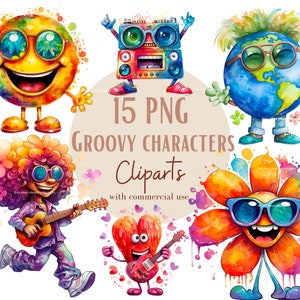 Ensemble d'illustrations Groovy, Cliparts de personnages groovy façon aquarelle pour tous vos projets créatifs et professionnels