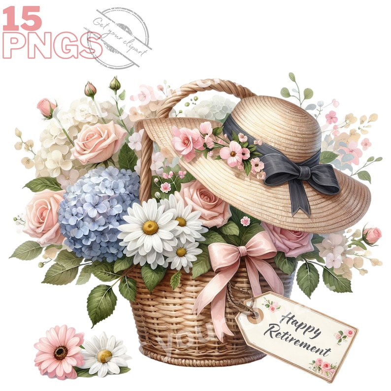 May include: A wicker basket filled with a variety of flowers, including pink roses, white daisies, blue hydrangeas, and a straw hat with a pink ribbon and a black bow. The basket has a tag that says "Happy Retirement".