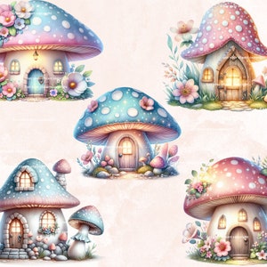 May include: Five whimsical mushroom houses with pink and blue polka dot caps, each with a small white door and windows. The houses are surrounded by flowers and greenery.