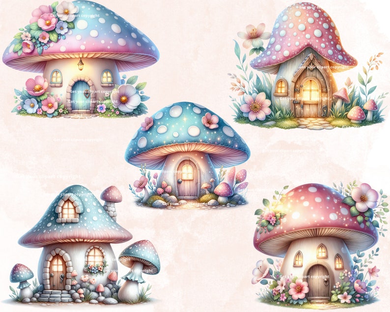May include: Five whimsical mushroom houses with pink and blue polka dot caps, each with a small white door and windows. The houses are surrounded by flowers and greenery.