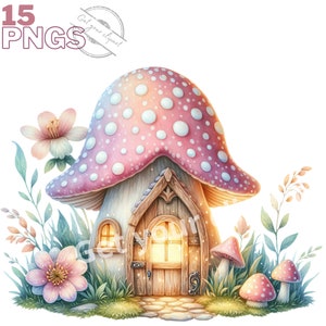 May include: A whimsical mushroom house with a pink and white polka dot roof, a wooden door, and a glowing light inside. The house is surrounded by green grass and flowers.