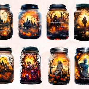 May include: Six mason jars with different Halloween scenes inside. The scenes include a haunted house, a graveyard, a scarecrow, a monster, and a spooky forest. The jars are all lit from within, creating a warm glow.