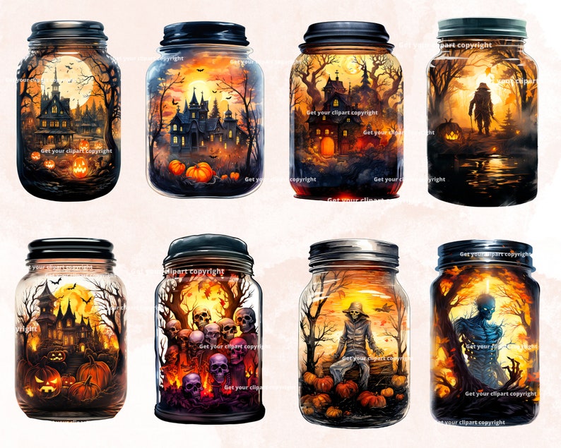 May include: Six mason jars with different Halloween scenes inside. The scenes include a haunted house, a graveyard, a scarecrow, a monster, and a spooky forest. The jars are all lit from within, creating a warm glow.