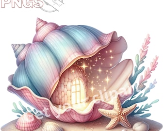 May include: A whimsical illustration of a seashell house with a glowing window and a starfish in front. The house is surrounded by sand, seashells, and seaweed.