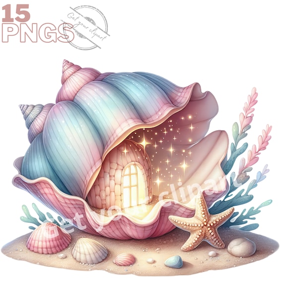 Ensemble d'illustrations de maison de fées aquatique, cliparts féériques pour tous vos projets créatifs, usage commercial inclus