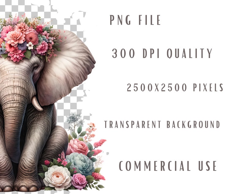 May include: A gray baby elephant with a floral crown sits on a white background. The elephant is surrounded by pink, white, and blue flowers.
