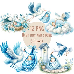 May include: Twelve digital clipart images of a stork delivering a baby boy. The images feature a blue and white colour scheme with a variety of poses and settings. The text "12 PNG Baby Boy and Stork Cliparts" is included in the image.