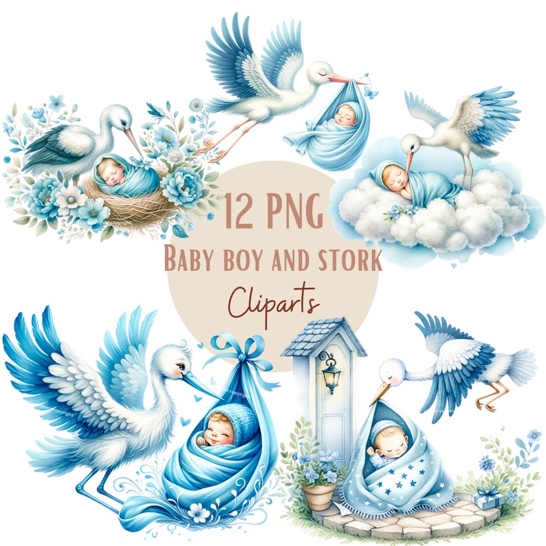May include: Twelve digital clipart images of a stork delivering a baby boy. The images feature a blue and white colour scheme with a variety of poses and settings. The text "12 PNG Baby Boy and Stork Cliparts" is included in the image.