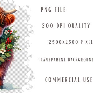 May include: A brown Highland cow with long, shaggy fur wears a festive wreath of holly and white flowers around its neck. The cow is standing on a snowy background.