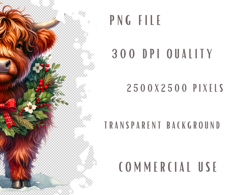 May include: A brown Highland cow with long, shaggy fur wears a festive wreath of holly and white flowers around its neck. The cow is standing on a snowy background.
