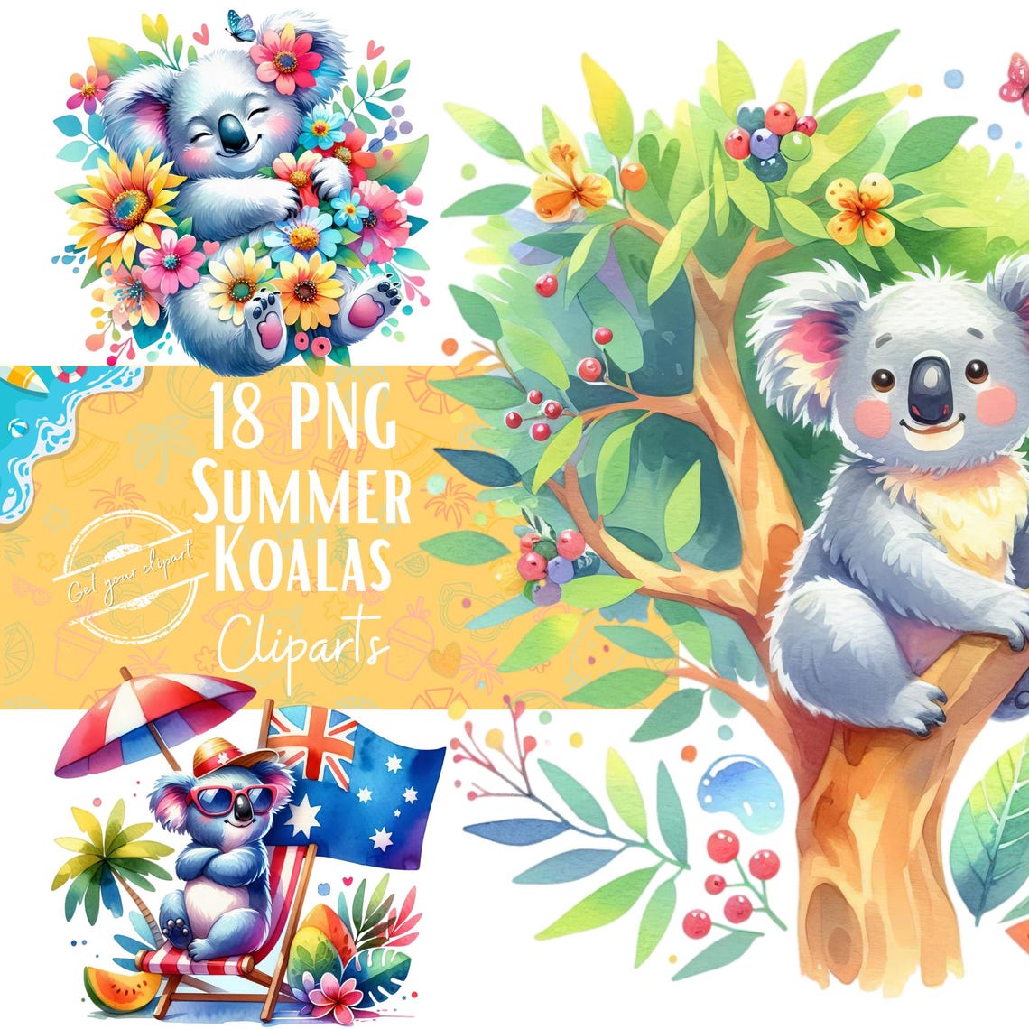 Summer Koala Clipart Bundle, Australia Graphics, Watercolor Koala Clip ...