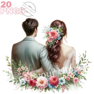 Ensemble d'illustrations mariage, couple marié, clipart de mariage pour tous vos projets créatifs et professionnels, usage commercial inclus