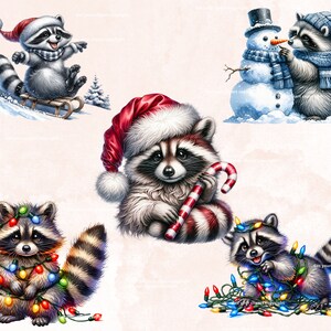 May include: Four illustrations of raccoons in winter holiday settings. One raccoon is wearing a Santa hat and holding a candy cane. Another raccoon is wearing a blue hat and scarf and is building a snowman. A third raccoon is wearing a red hat and is riding a sled down a snowy hill. The fourth raccoon is tangled in Christmas lights.