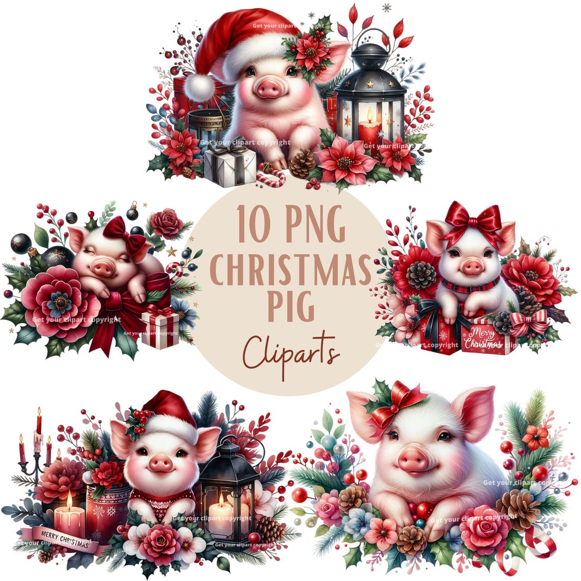 Christmas Pig Clipart Bundle, Cute Pig, Farm Animal Clipart, Winter ...