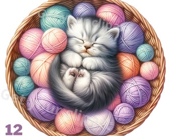 Kitty in a wool basket clipart bundle, Cute cat png graphics, Printable cat, Set of 12 With commercial use and transparent background