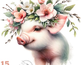 Floral pig clipart bundle, Cute pig, Farm animal clipart, Spring graphics, Spring pngs, Floral png, With Commercial use