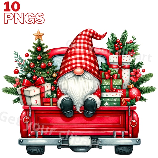 Christmas Gnome and truck clipart bundle, Christmas clipart, Winter gnome png graphics, Christmas sublimation, Transparent background