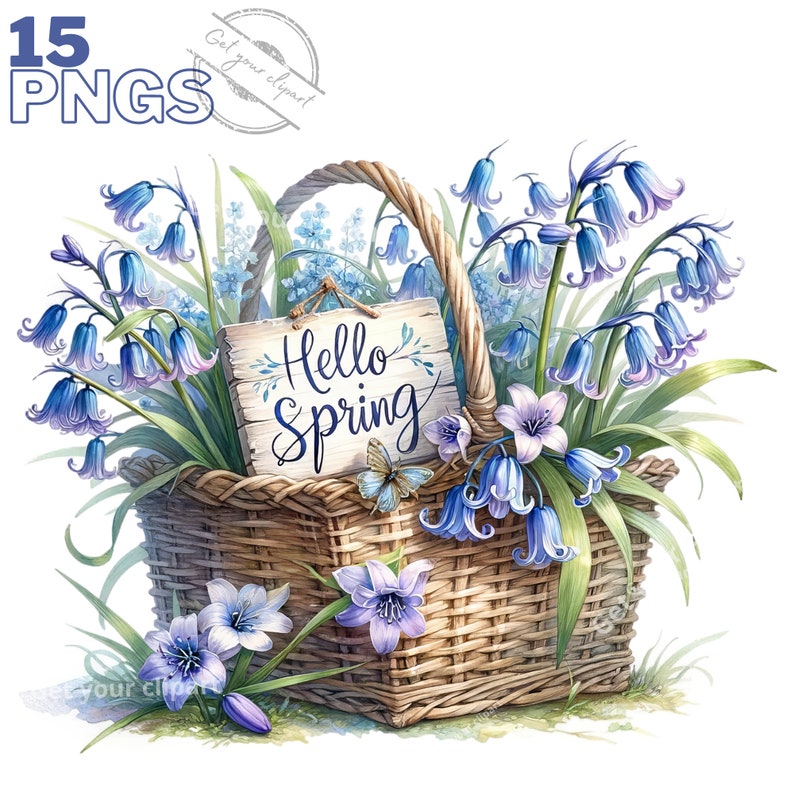 K&ouml;nnte beinhalten: Ein Weidenkorb, der &uuml;berquillt mit blauen und violetten Fr&uuml;hlingsblumen, darunter Blausternchen, mit einem Schild, auf dem "Hello Spring" steht, und einem Schmetterling.