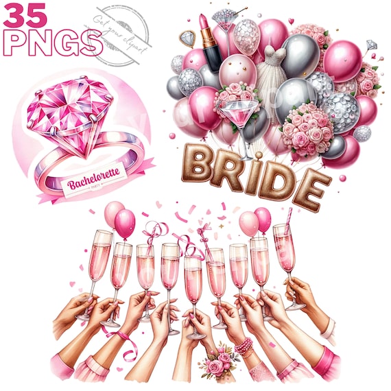 Ensemble d'illustrations d'enterrement de vie de jeune fille, cliparts d'EVJF pour tous vos projets créatifs, usage commercial inclus